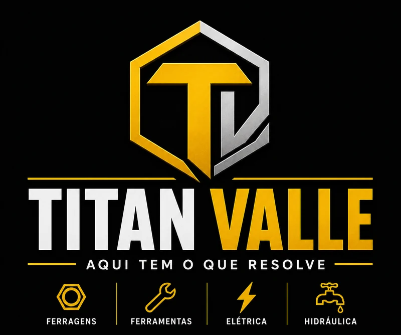 Logo Titan Valle: escudo hexagonal com as letras T e V, o nome Titan Valle e a assinatura Aqui tem o que resolve